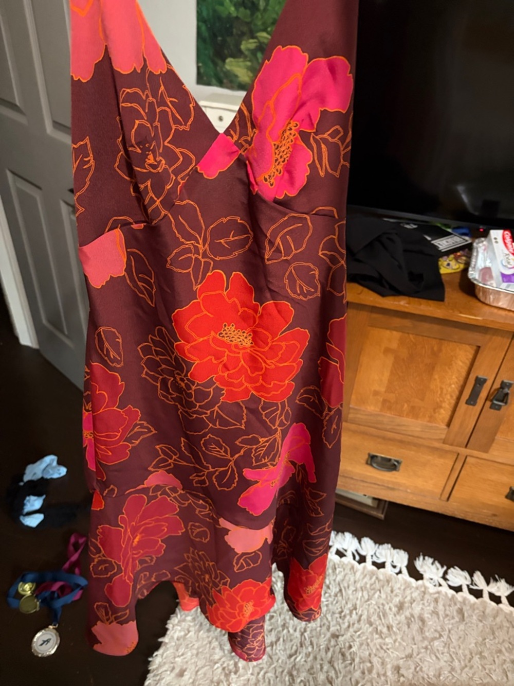 Gorgeous Express Floral Halter Dress, Burgundy with Fuchsia & Red Flowers